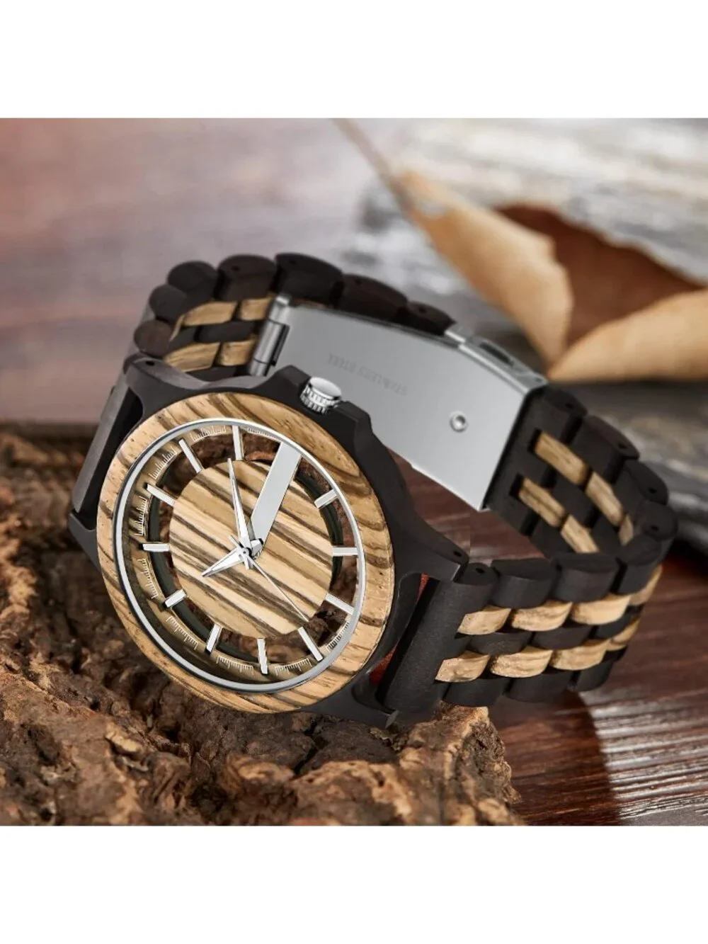 Men's Black Brown Classic Handmade Round Bamboo Analog Date Quartz Wooden Watch
